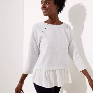 Loft Size S Mixed Media Gray Sweatshirt with Sheer Ruffle Underlayer Accent.